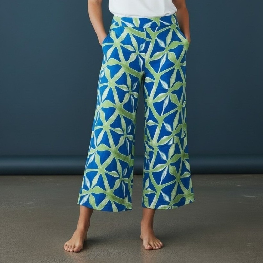 Haute Hippie Style Blue Green Abstract Print Wide Leg Crop Pants Medium